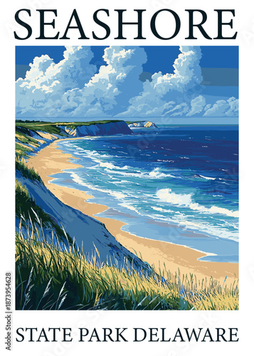 Vibrant vector illustration of Delaware's dramatic coastline with towering cliffs and deep blue ocean under a dynamic sky.