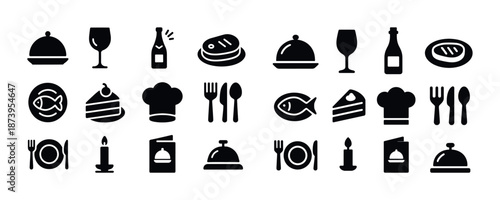 Dining icons collection: food, drink, chef, tableware symbols