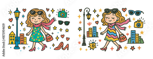 Joyful young caucasian girl strolling with accessories and cityscape