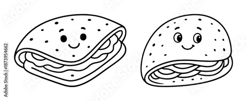 Cute smiling food characters: happy sandwich and taco doodles