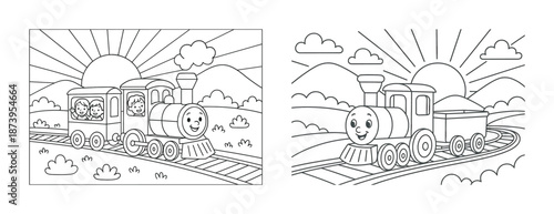 Smiling train illustration with happy children and scenic background