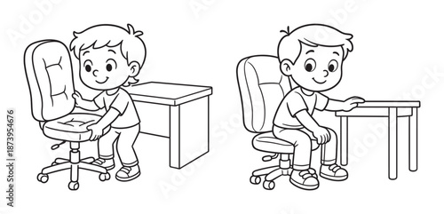 Cartoon boys interacting with office chair and desk