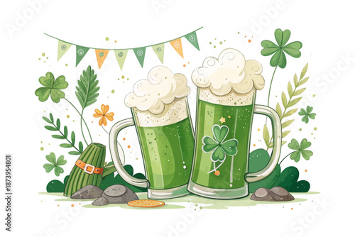 Irish Beer Toast Watercolor Design, St. Patrick’s Day Party Illustration
