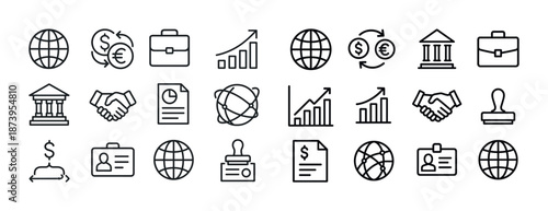 Finance and business icons: growth, currency, banking, global networking