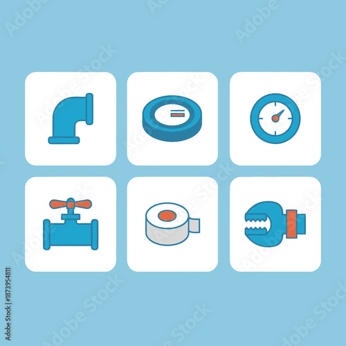 Plumbing and pipe maintenance equipment icons, vector set featuring elbow pipe, pressure gauge, valve, industrial tape, and pipe wrench tools for service