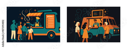 Colorful food trucks with diverse customers enjoying street food