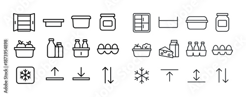 Minimalist line icons for fridge and food storage solutions