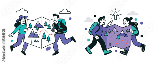 Caucasian young adults hiking with map in outdoor adventure scene