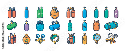 Colorful collection of gas cylinders and pressure gauges with various labels