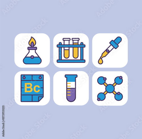 Scientific laboratory tools and chemical research icons set featuring burner test tubes dropper periodic table graduated cylinder and blue molecular model for science education