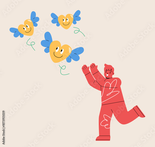 Boy trying to catch flying heart. Desire or aspiration. Colorful vector illustration