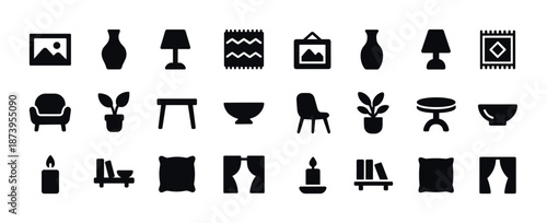 Set of home decor icons including furniture, plants, art, and lighting
