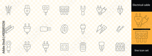 Electrical cable and wire components including plugs, connectors, trays and protective accessories, vector illustration