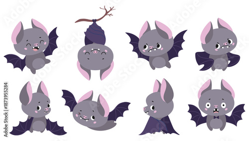 Funny bats. Cartoon bat different poses, sleeping, flying, scared. Wild forest emotional characters, childish mascots. Funny animals nowaday vector clipart