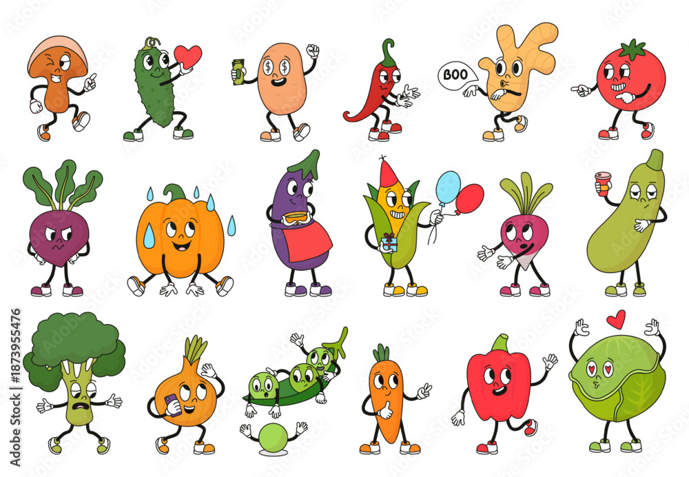 Obraz premium Vegetables retro characters. Groovy vegetable with sussy smile. Corn, ginger, bell pepper, carrot and cabbage. Funky cucumber, angry beet, neoteric vector set