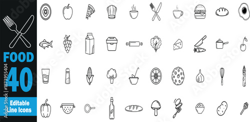 Food  icon set .Egg,Burger,Pizza,Tea,Fish,Apple,potato,Meat   .Vector illustration