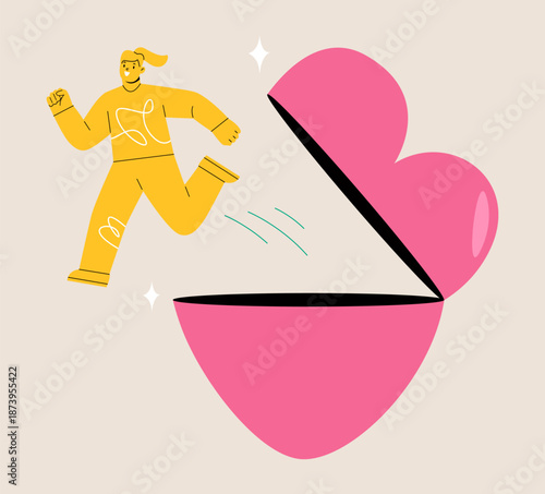 Woman out of the heart. Conquer yourself concept. Colorful vector illustration