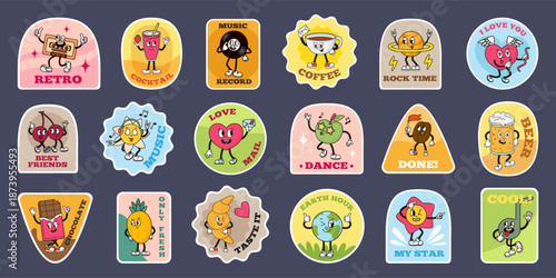Groovy stickers design. Funky labels with retro style characters. Milkshake, heart, flower pineapple and croissant, earth, beer, neoteric vector design