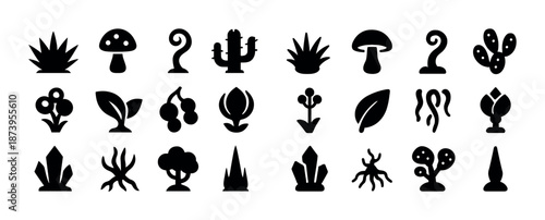 Set of 24 unique plant and nature icons in black silhouette