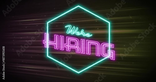 Animation of we're hiring neon text over neon pattern on dark background