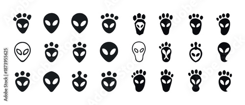Alien and animal paw print icons collection in black and white