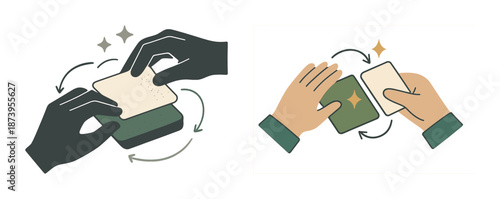 Diverse hands demonstrating card tricks with motion arrows