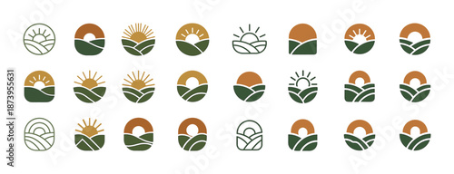 Set of 20 minimalist sunrise icons in earth tones