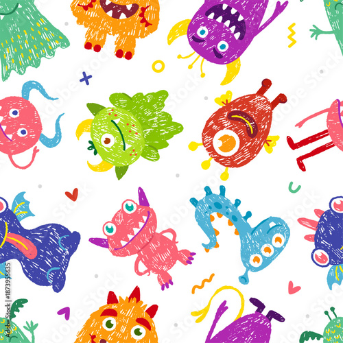 Pencil monster seamless pattern. Crayon drawing monsters and aliens, colorful fantasy unusual characters. Print template for fabric, textile, neoteric vector background