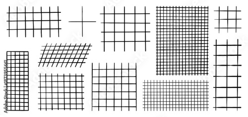 Pencil grids for notes. Striped sheets, geometric square grid for school notebook. Hand drawn ink lines note sheet templates, neoteric vector set