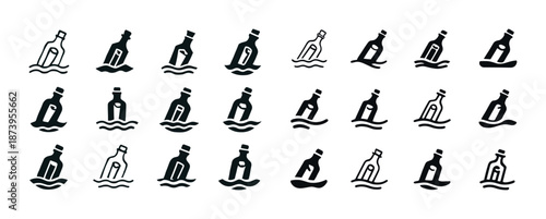 Collection of 24 message in a bottle icons on waves in various styles