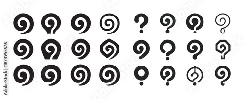 Collection of 24 stylish spiral and question mark icons in black