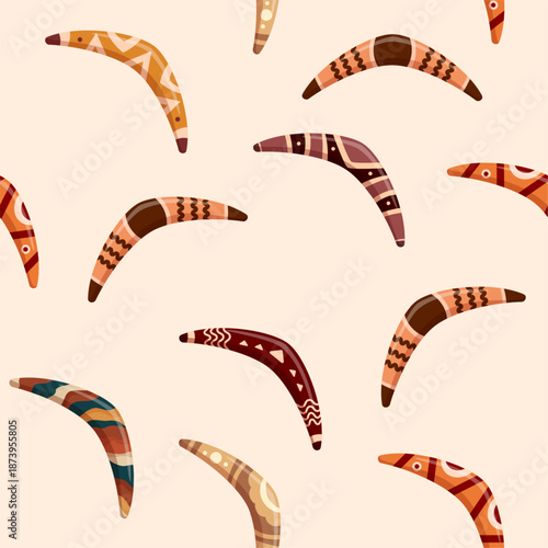 Boomerangs seamless pattern. Decorative boomerang folk ornaments. Wooden australian elements, traditional design. Fabric, textile print, sapid vector background
