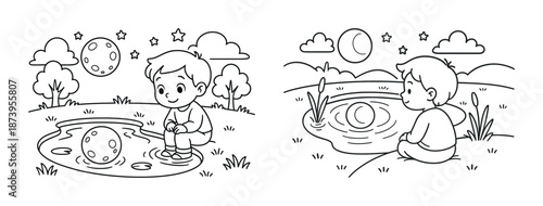 Cartoon child reflecting on nature by pond in night scene with moon and stars