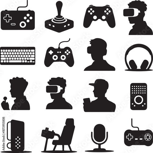 Black silhouettes of various technology and gaming related objects and people