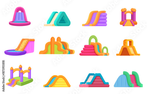 Inflatable slides. Slide with waterpool, colorful trampolines for amusement park. Outdoor children activity equipment, playground tools, sapid vector set