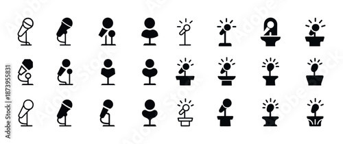 Stylized icons of people speaking at podiums and using microphones in various poses