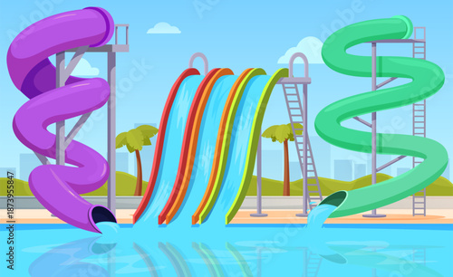Aquapark background. Water park with colorful kids amusements. Swimming pool with extreme slides, tubes and tunnels. Summer adventures sapid vector scene