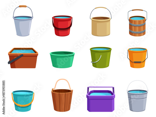 Cartoon buckets. Plastic wooden metal bucket for water. Gardening, household equipment. Watering and washing tools, trash containers, sapid vector set