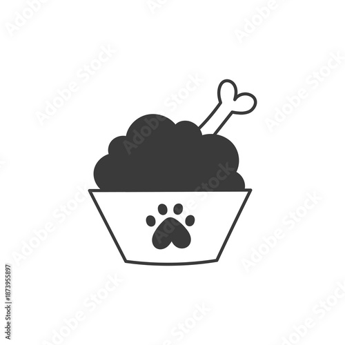 Dog Bowl With Paw Print And Bone Icon. Pet dish filled kibble showing footprint mark plus chew treat drawn in black ink line style. Playful hand drawn sketch artwork. Simple vector food element.