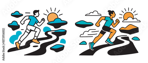 Male and female joggers on trails with scenic sunrise background