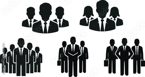 Business people vector silhouettes group of executives team leader businessman and businesswomen icons set