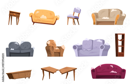 Broken furniture. Different damaged couches, table, shelf. Torn soft sofas. Messy interior elements, abandoned house furnitures, sapid vector set