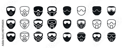Set of paintball masks icons in various designs and styles