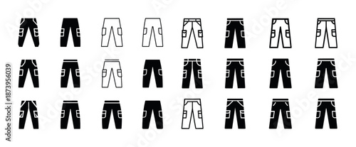 Set of various cargo pants icons in black and white on white background