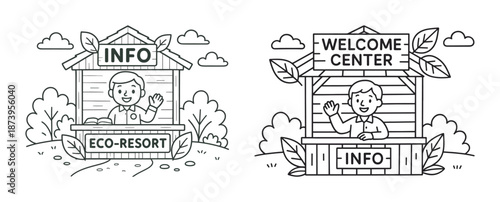 Black and white illustrations of male child at info booth and welcome center