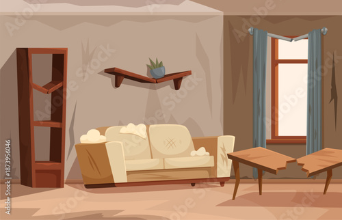 Messy living room. Abandoned house interior with damaged furniture. Apartment with broken table, shelf and rack, torn sofa or couch, sapid vector scene