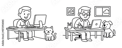 Cartoon office scenes with men working on computers and pets