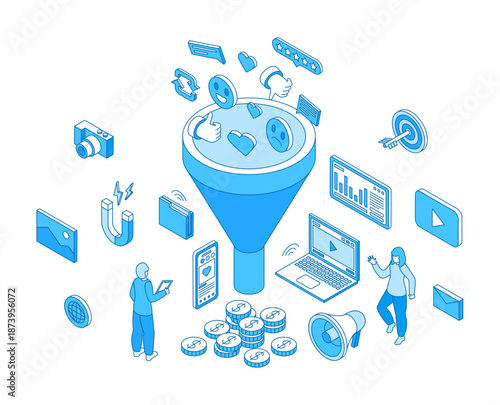 Isometric social media funnel. Online digital marketing, advertising. Content makers, marketers attracting new subscribers, converting likes, nifty vector scene