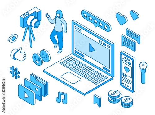 Social media content isometric scene. Laptop show blogger video, digital subscriptions, reviews. User reactions to information, nifty vector concept