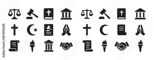 Set of law and religion symbols including cross, gavel, mosque, and scale icons